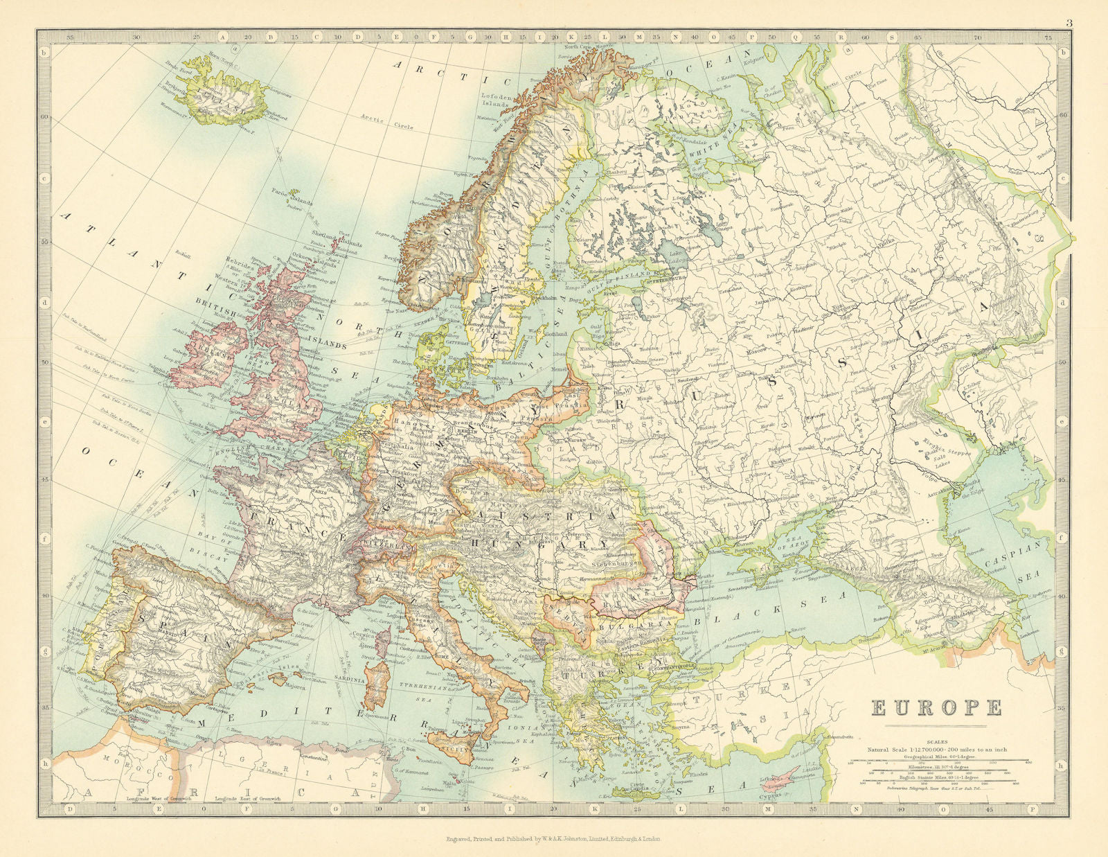 EUROPE shown just before the First World War. JOHNSTON 1911 old antique map